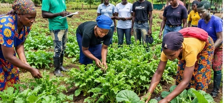 Extension team reviewing crops with farmers in Liberia