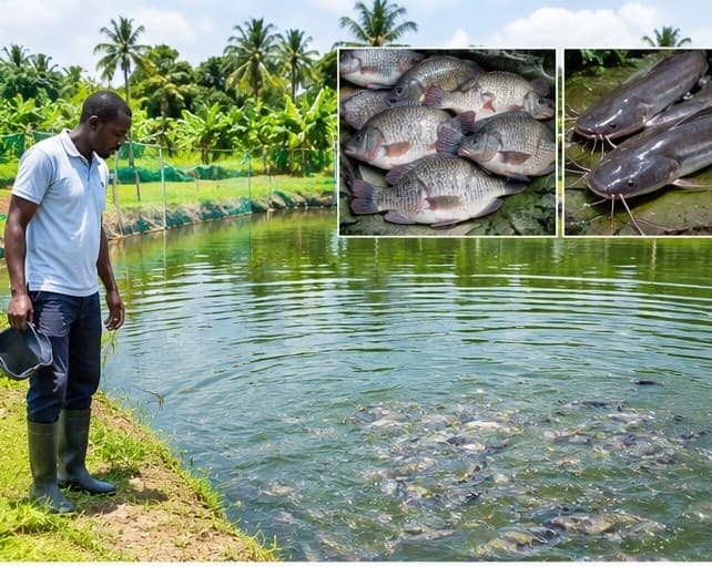Fish farmer at a pond with tilapia and catfish