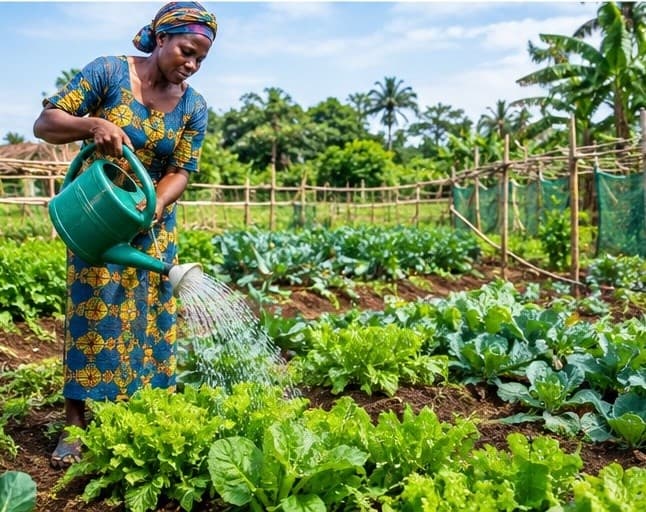 Farmer watering a vegetable garden in Liberia
